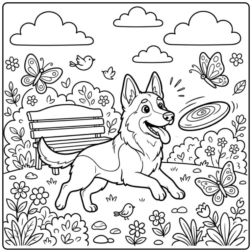 Speelse kleurplaat duitse herder die een frisbee vangt.