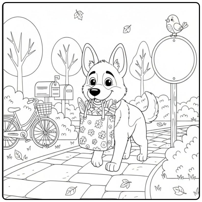 Een schattige kleurplaat duitse herder met een tas boodschappen.