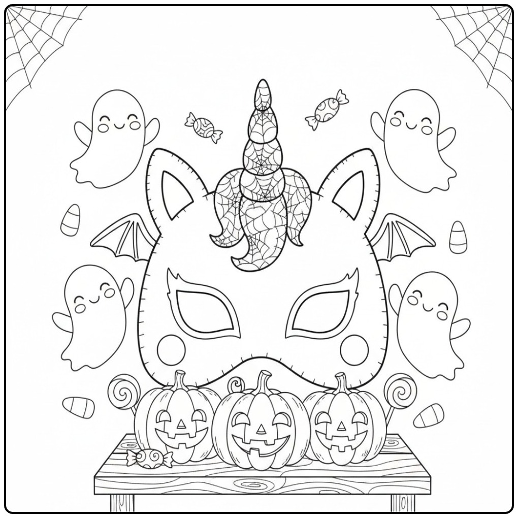 Kleurplaat eenhoorn halloween masker, spoken, pompoenen en snoepjes