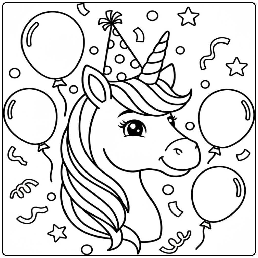 Feestelijke kleurplaat eenhoorn hoofd met ballonnen en confetti.