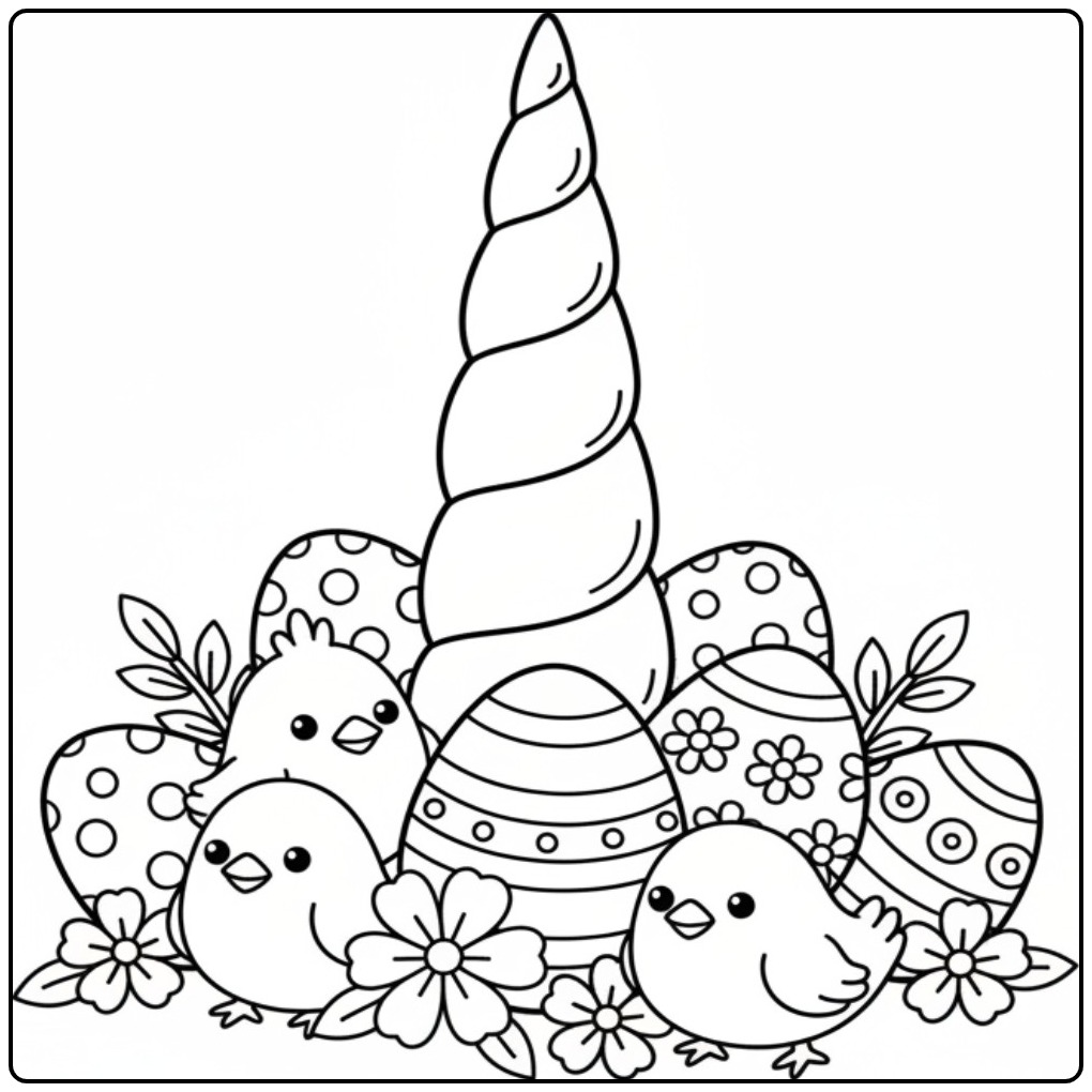 Leuke Kleurplaat eenhoorn hoorn pasen met kuikens en bloemen.