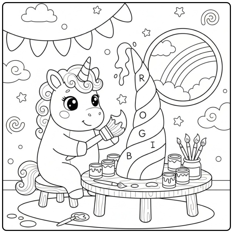 Leuke Kleurplaat eenhoorn hoorn regenboog met verf en kwast.