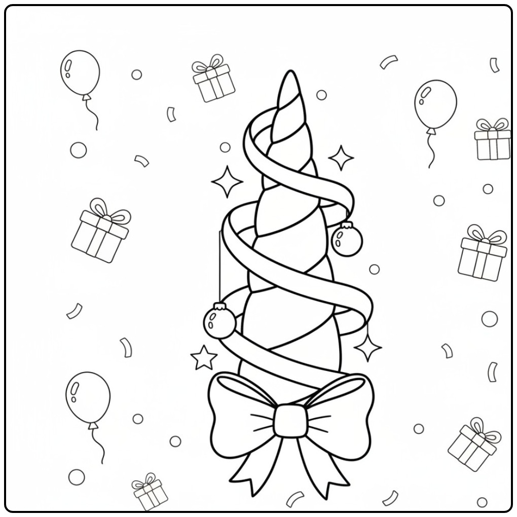 Leuke Kleurplaat eenhoorn hoorn verjaardag met strik en lint.