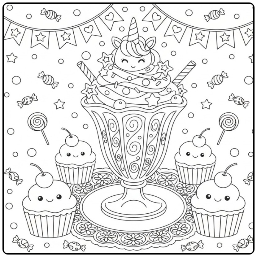 Kleurplaat eenhoorn-ijscoupe in een glazen beker vol lekkernijen en cupcakes.