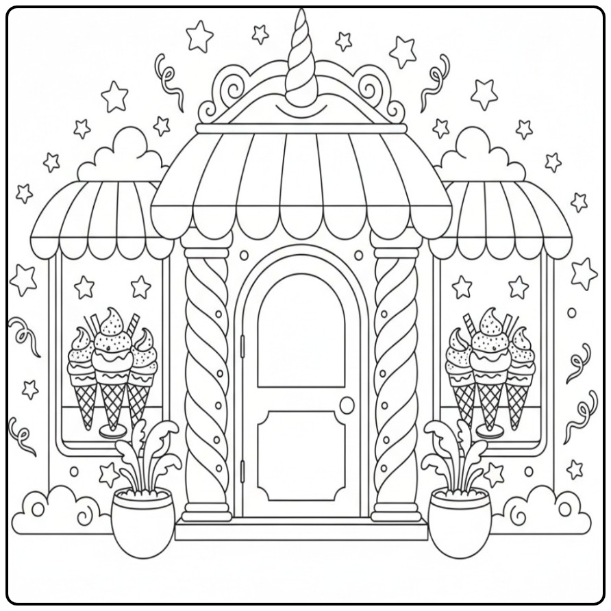 Kleurplaat eenhoorn-ijssalon: Betoverende ijssalon met hoorn op dak.