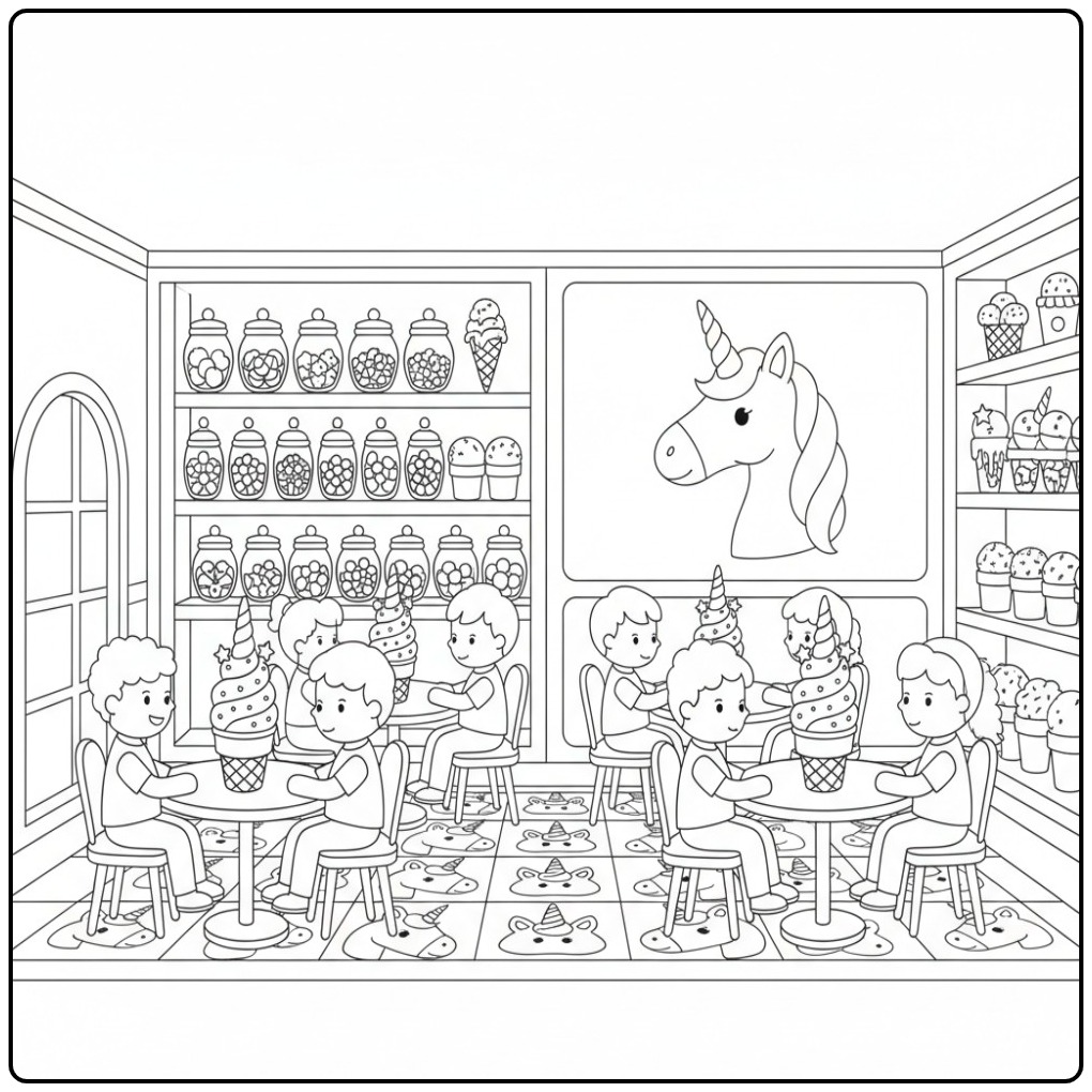 Kleurplaat eenhoorn-ijssalon: kinderen genieten van ijsjes.