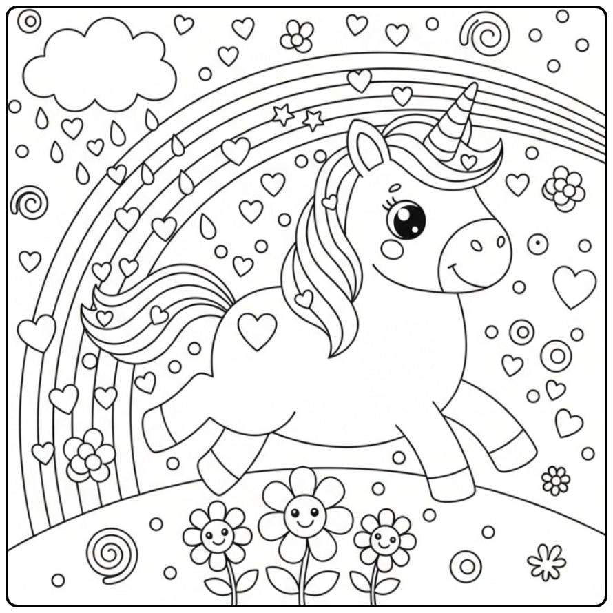 Kleurplaat eenhoorn met hartjes en regenboog, en blije bloemen.