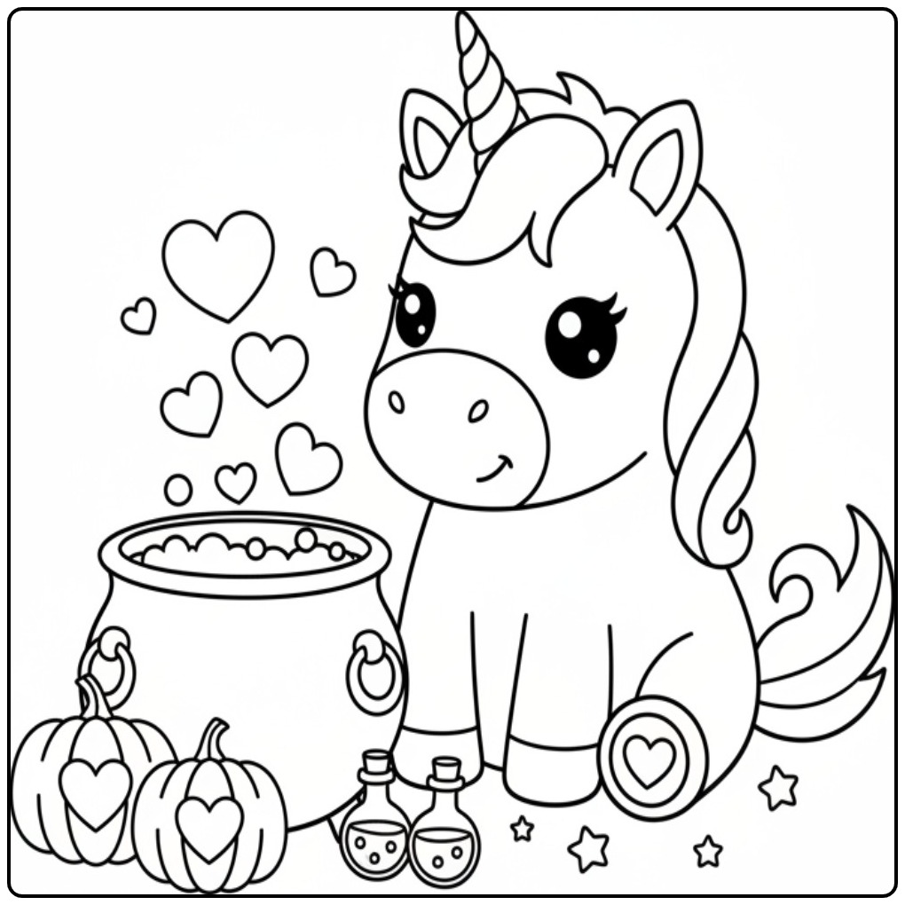 Kleurplaat eenhoorn met hartjes voor Halloween en magische toverketel.