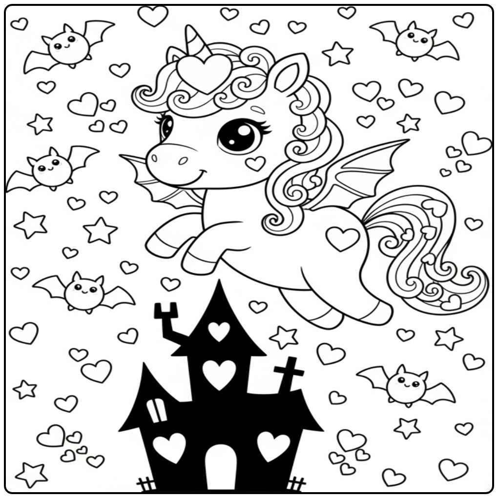 Kleurplaat eenhoorn met hartjes voor Halloween, zwevend boven een kasteel.
