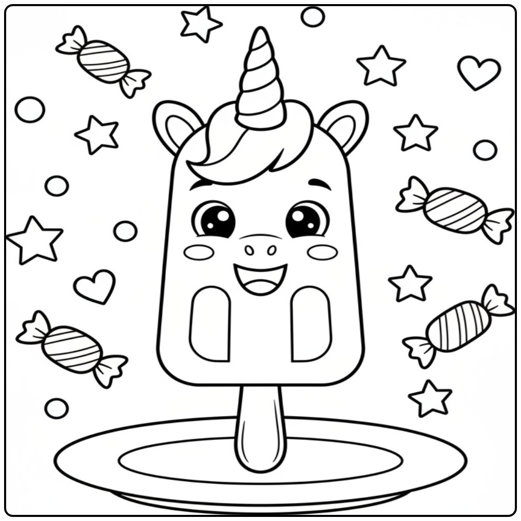Kleurplaat eenhoorn met ijslolly, om vrolijk te kleuren.