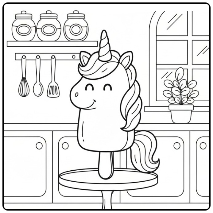 Kleurplaat eenhoorn met ijslolly, vrolijk in een keuken interieur.
