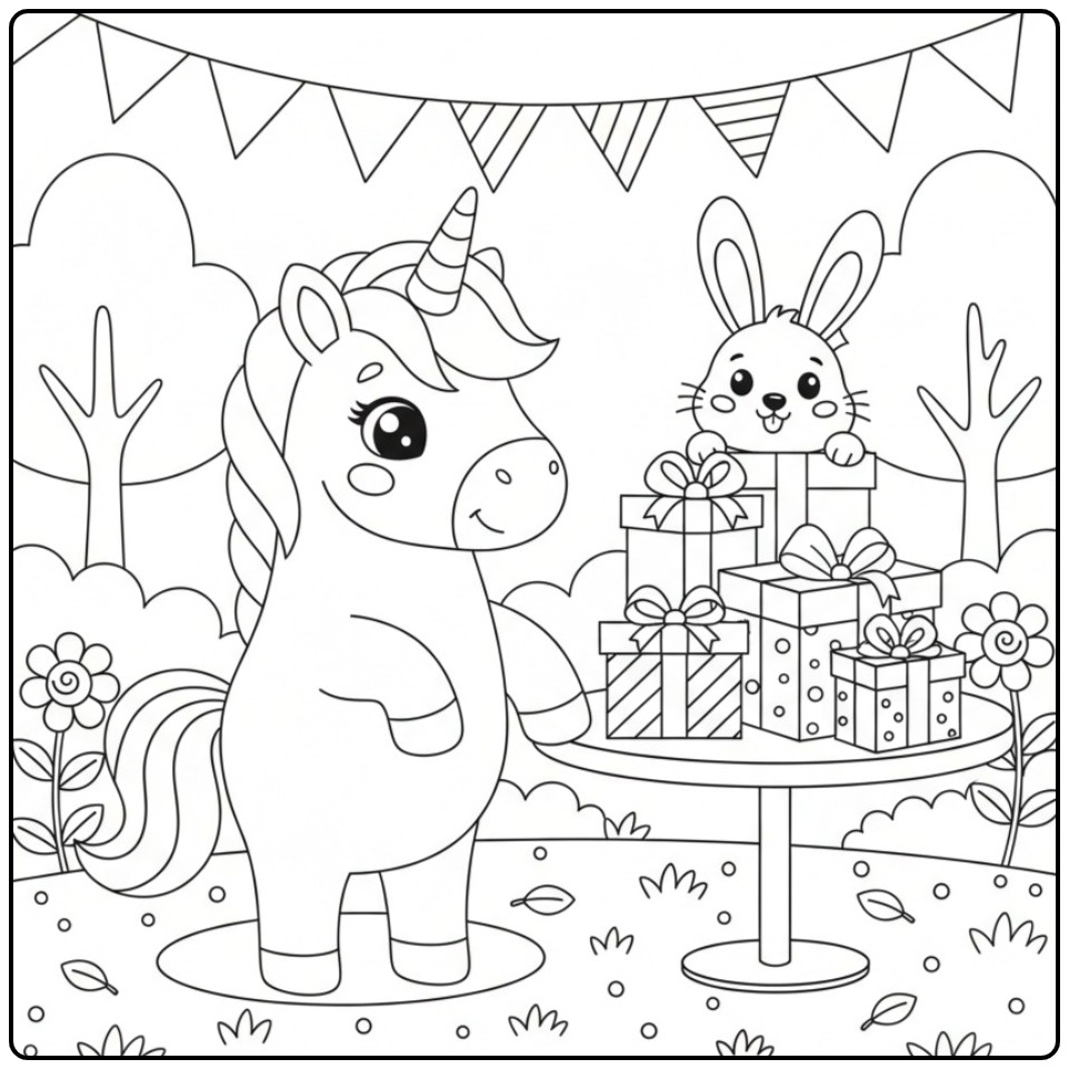 Leuke Kleurplaat eenhoorn met verjaardagscadeaus en konijn.