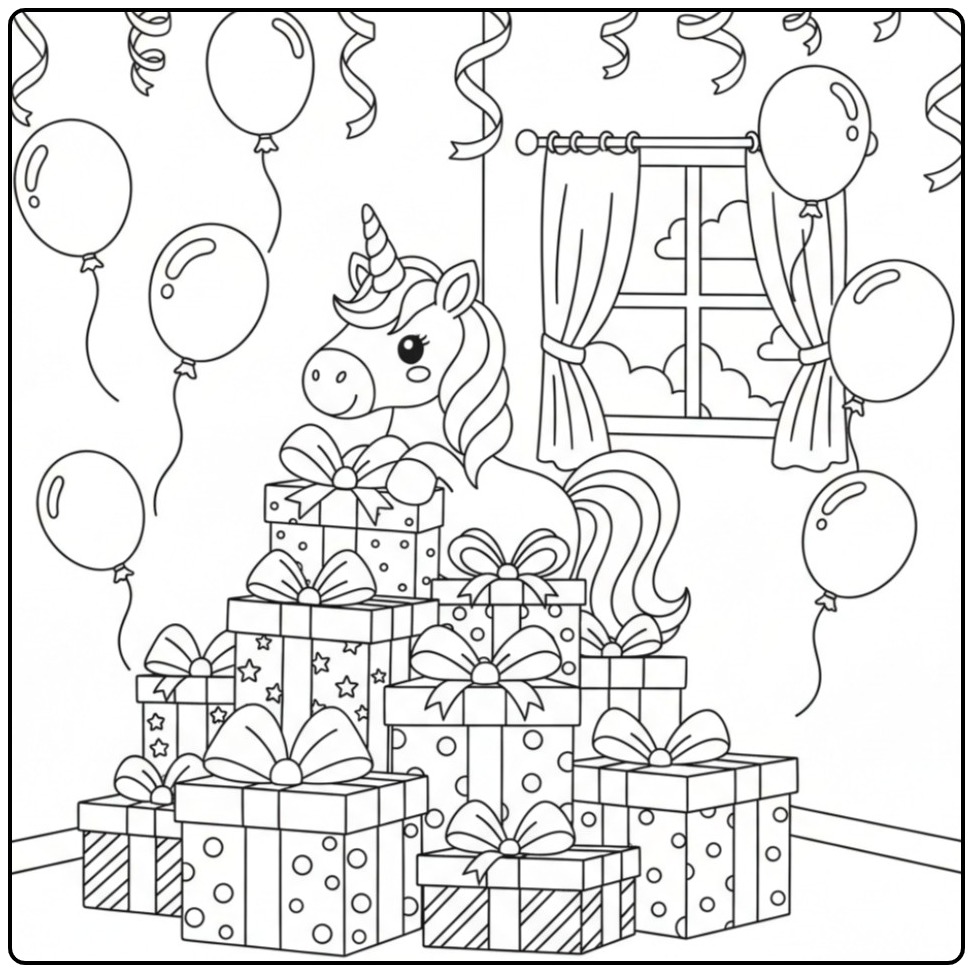 Leuke Kleurplaat eenhoorn met verjaardagscadeaus en ballonnen.