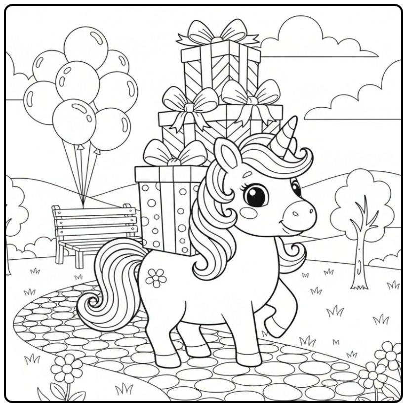 Leuke Kleurplaat eenhoorn met verjaardagscadeaus en ballonnen.