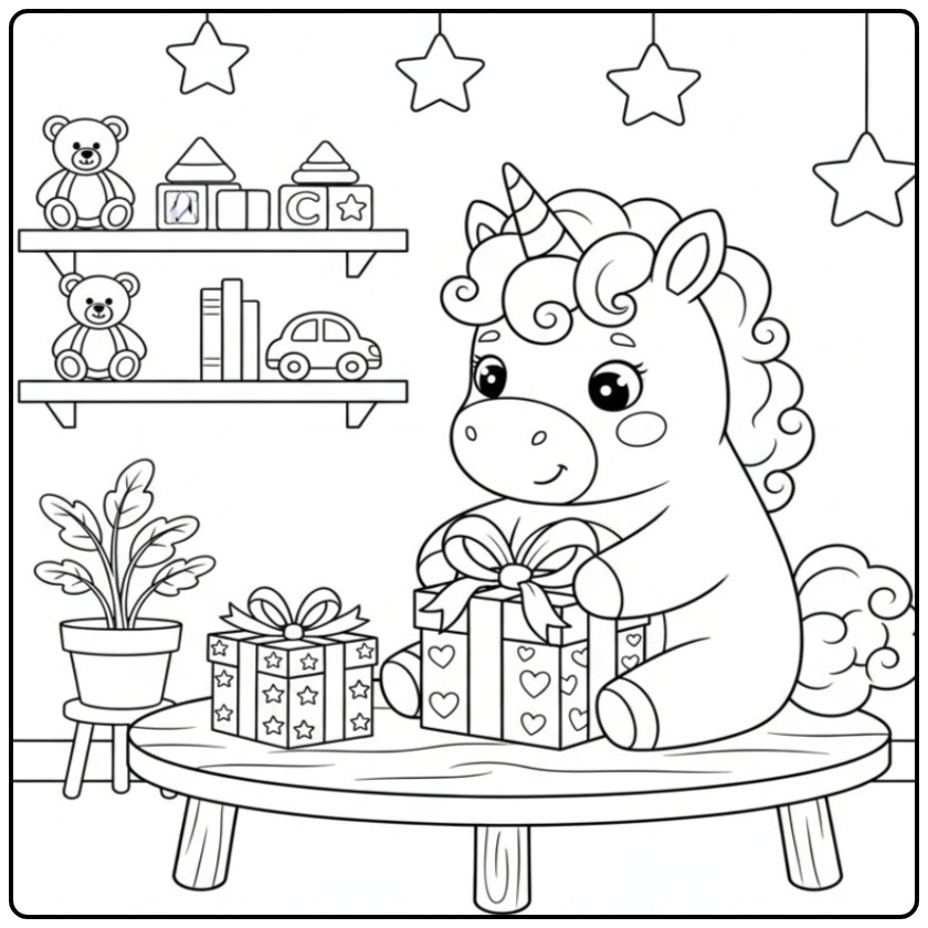 Een schattige Kleurplaat eenhoorn met verjaardagscadeaus.