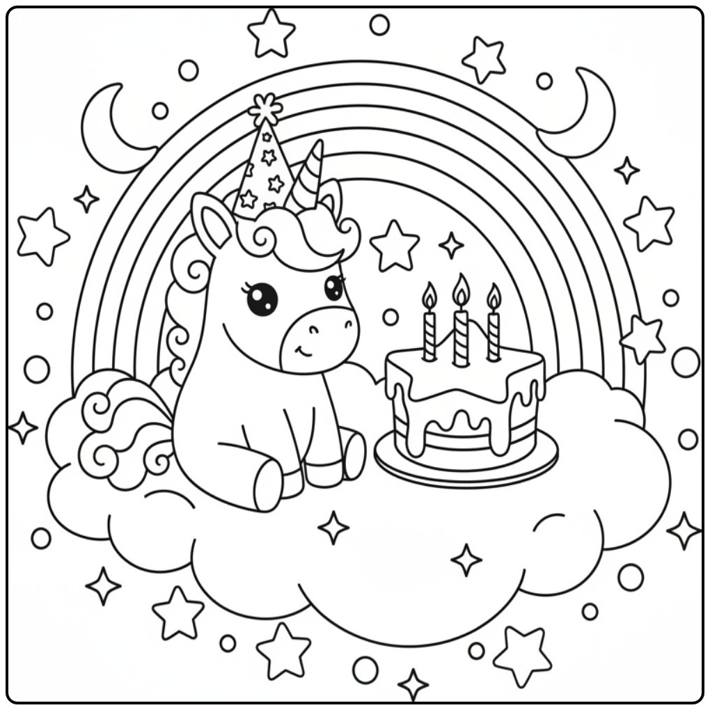 Schattige Kleurplaat eenhoorn met verjaardagstaart op een wolk.