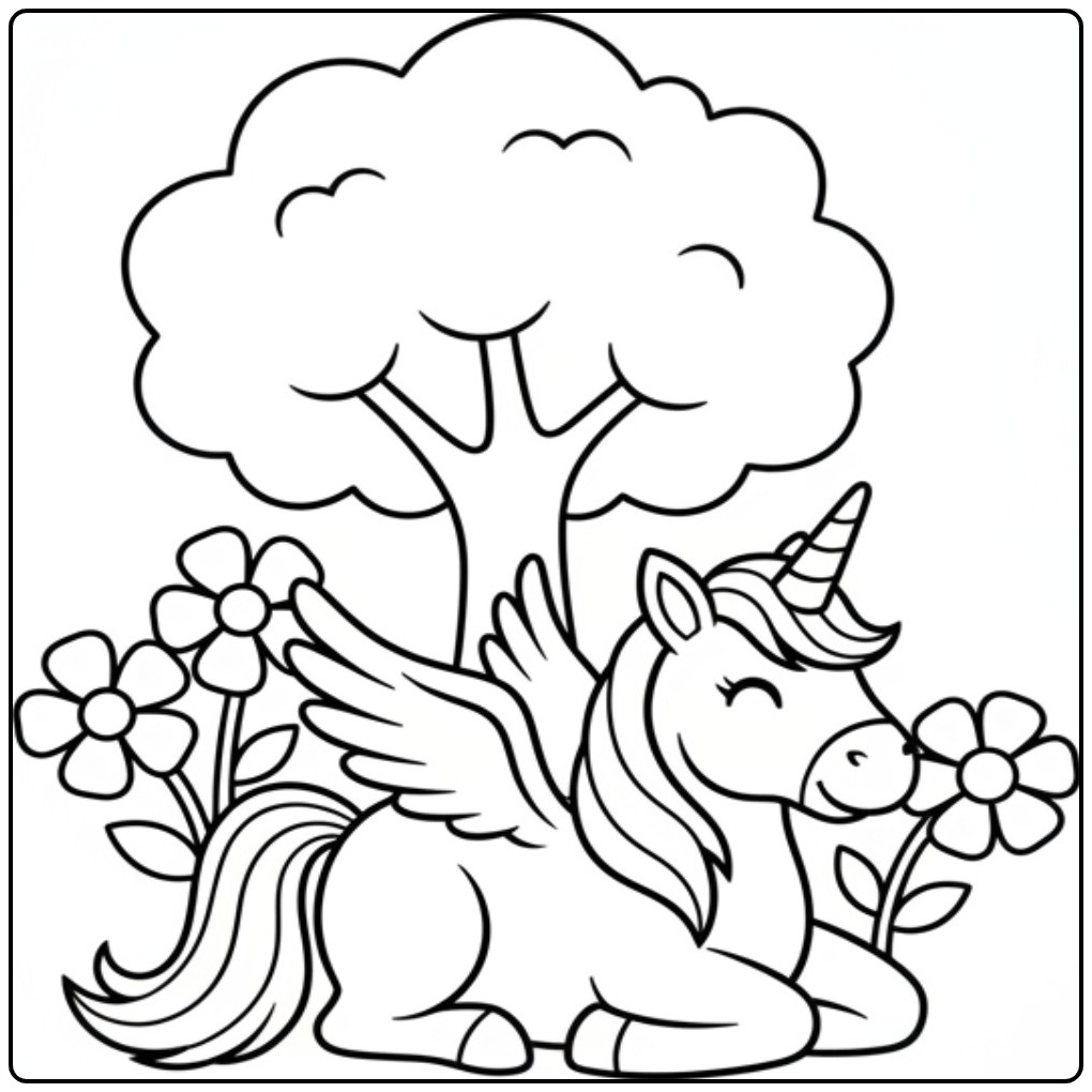 Een schattige kleurplaat eenhoorn met vleugels onder een boom.