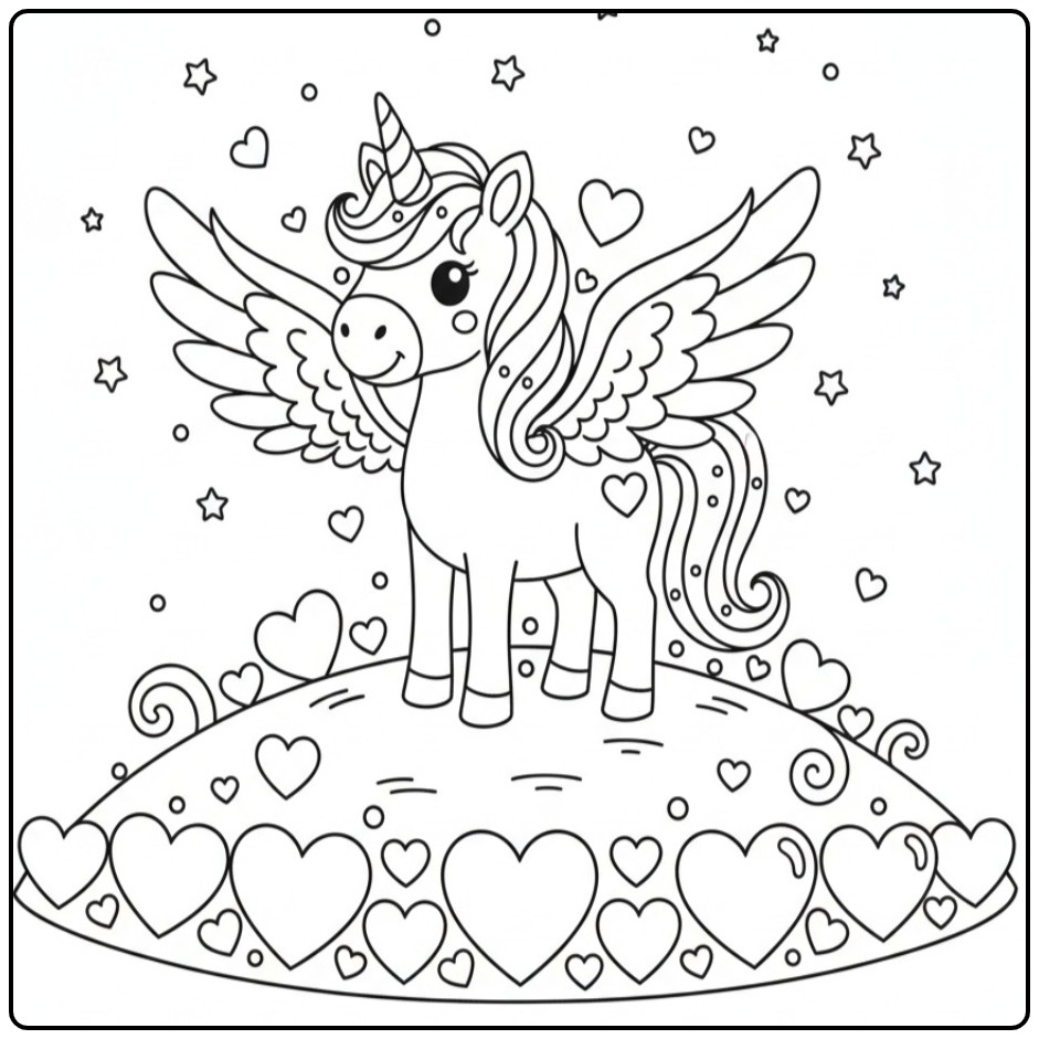 Schattige Kleurplaat eenhoorn met vleugels en hartjes en sterren.