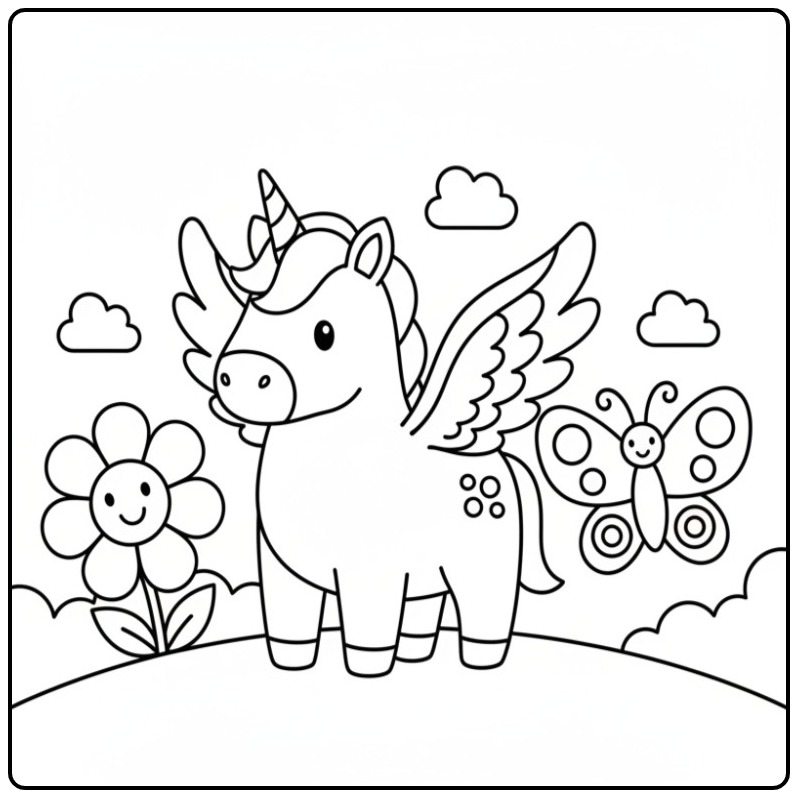 Een schattige kleurplaat eenhoorn met vleugels en vriendjes.
