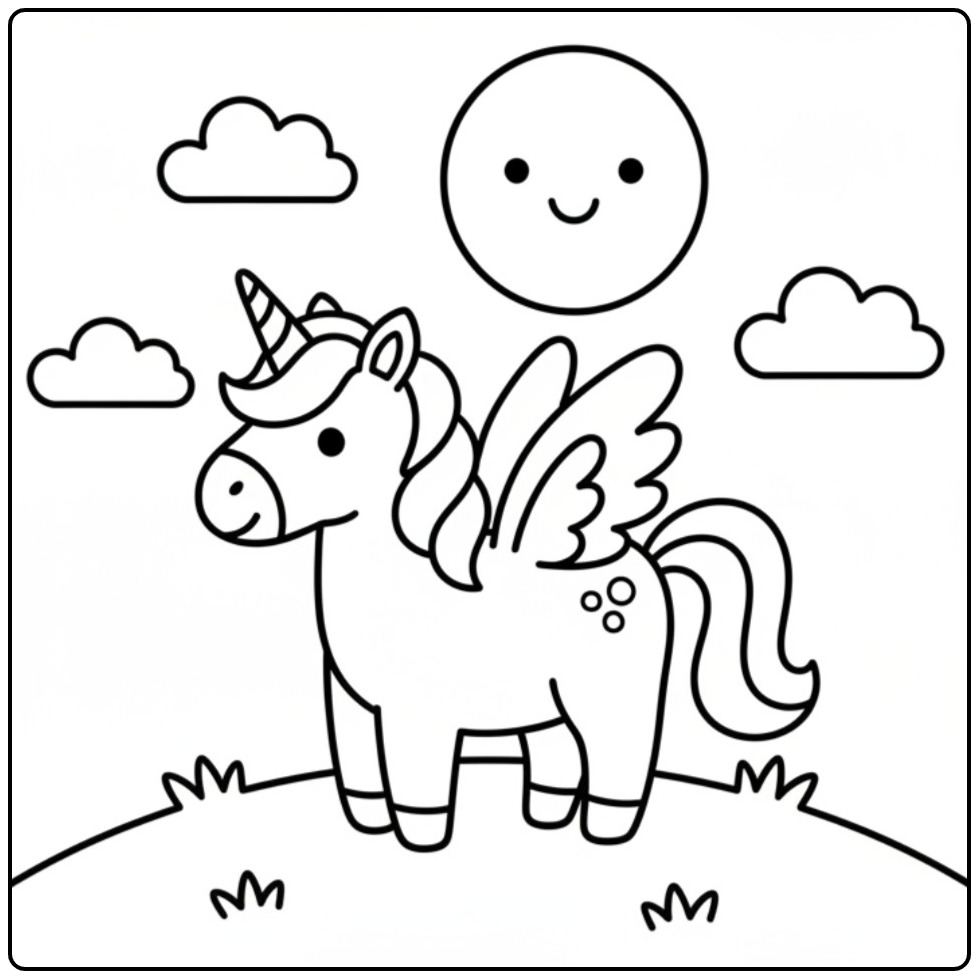 Een leuke kleurplaat eenhoorn met vleugels onder een lachende zon.