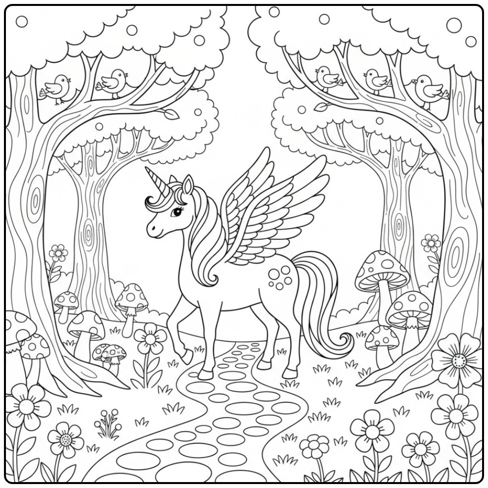 Een magische kleurplaat eenhoorn met vleugels in een bos.