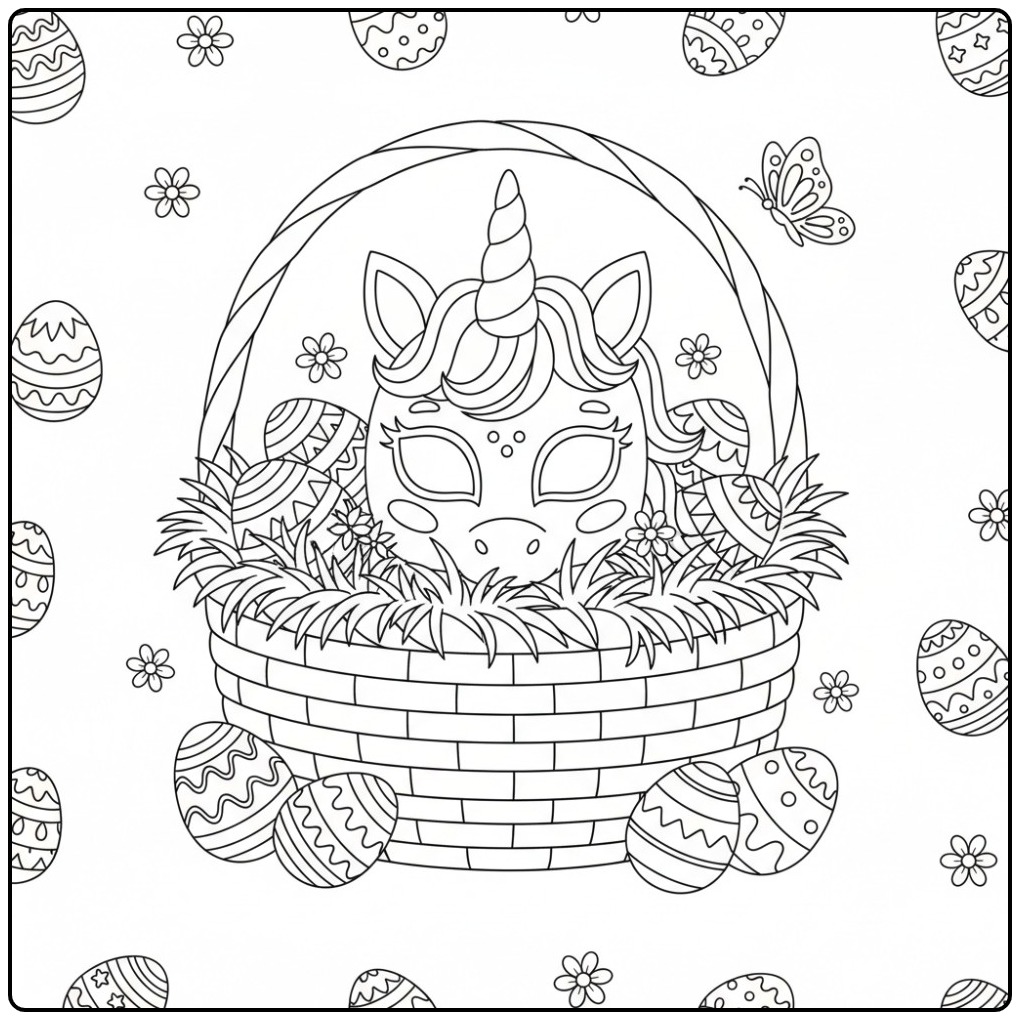 Kleurplaat eenhoorn paas masker in mand vol paaseieren om te kleuren.