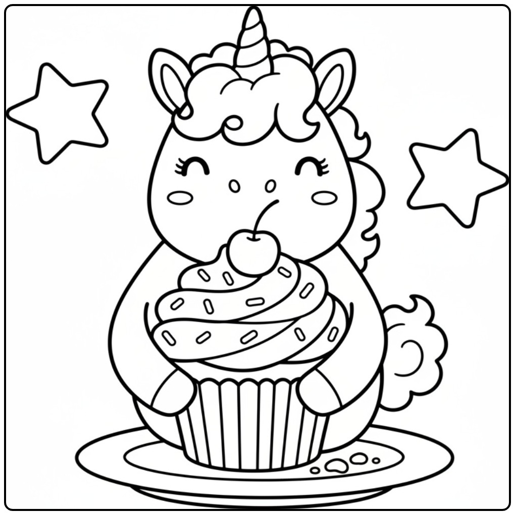 Een mollige kleurplaat eenhoorn schattig met een grote cupcake.