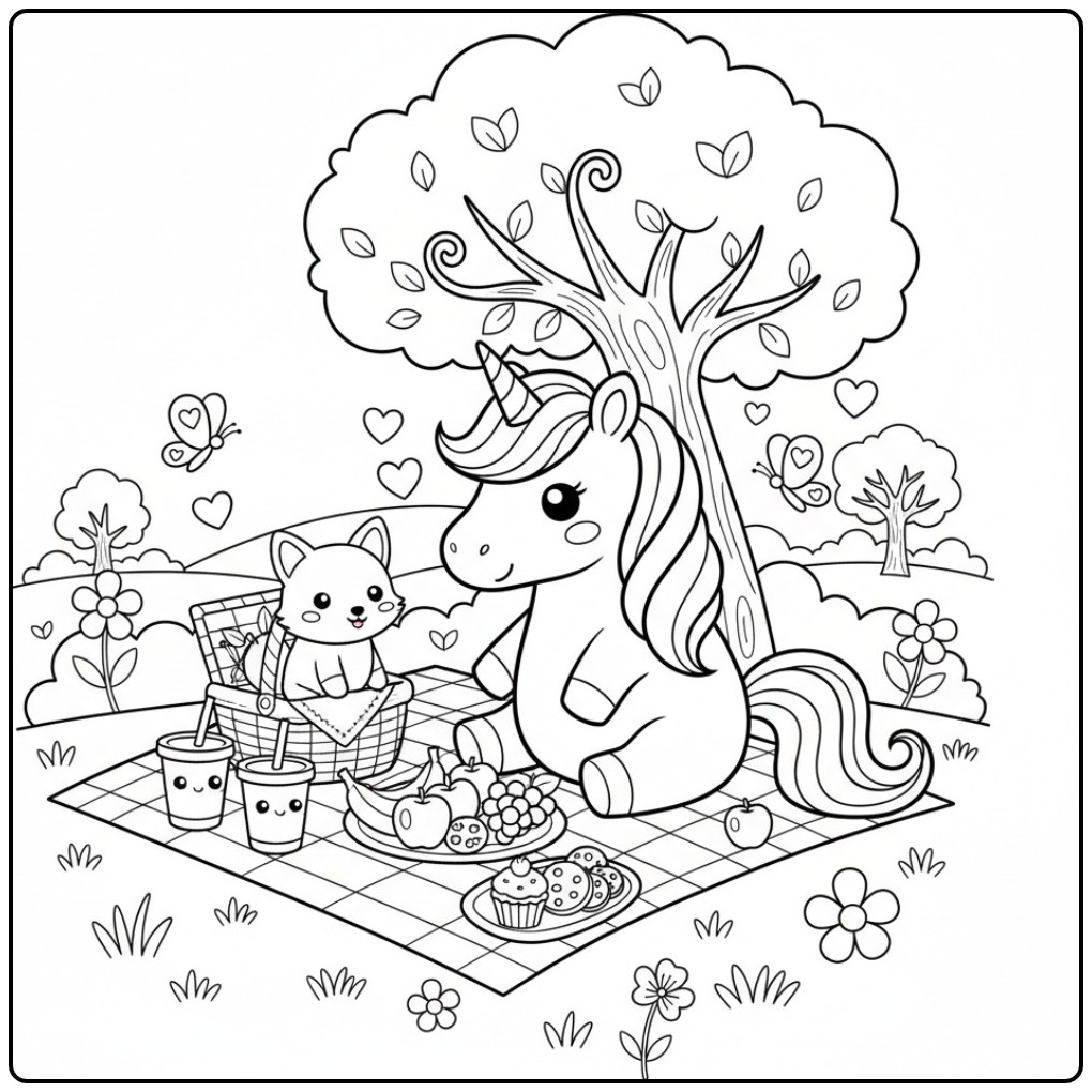 Leuke kleurplaat eenhoorn schattig met een vriendje op een picknick.