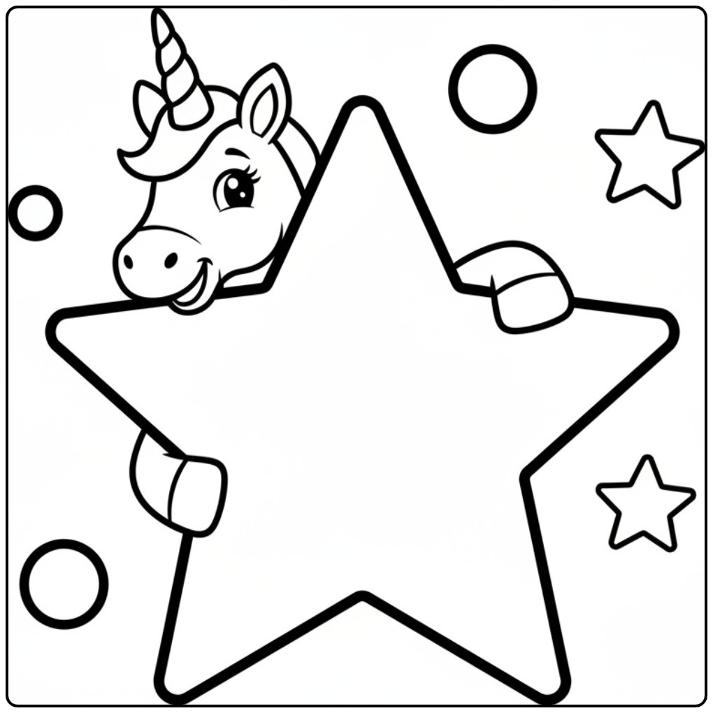 Een vrolijke kleurplaat eenhoorn schattig achter een grote ster.