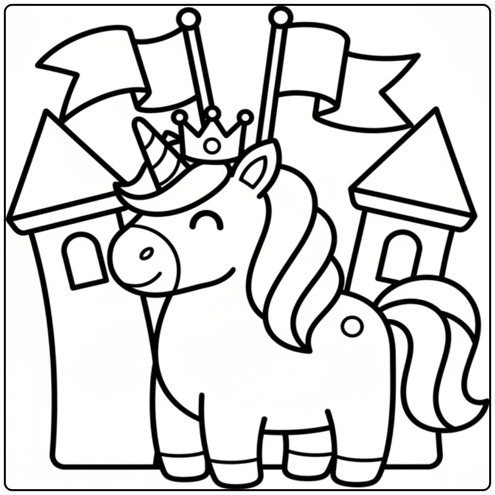 Een koninklijke kleurplaat eenhoorn schattig bij het kasteel.