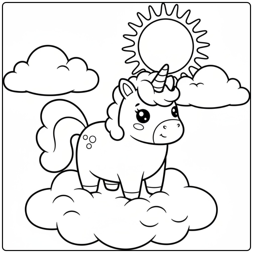 Een leuke kleurplaat eenhoorn schattig die op een wolk staat.