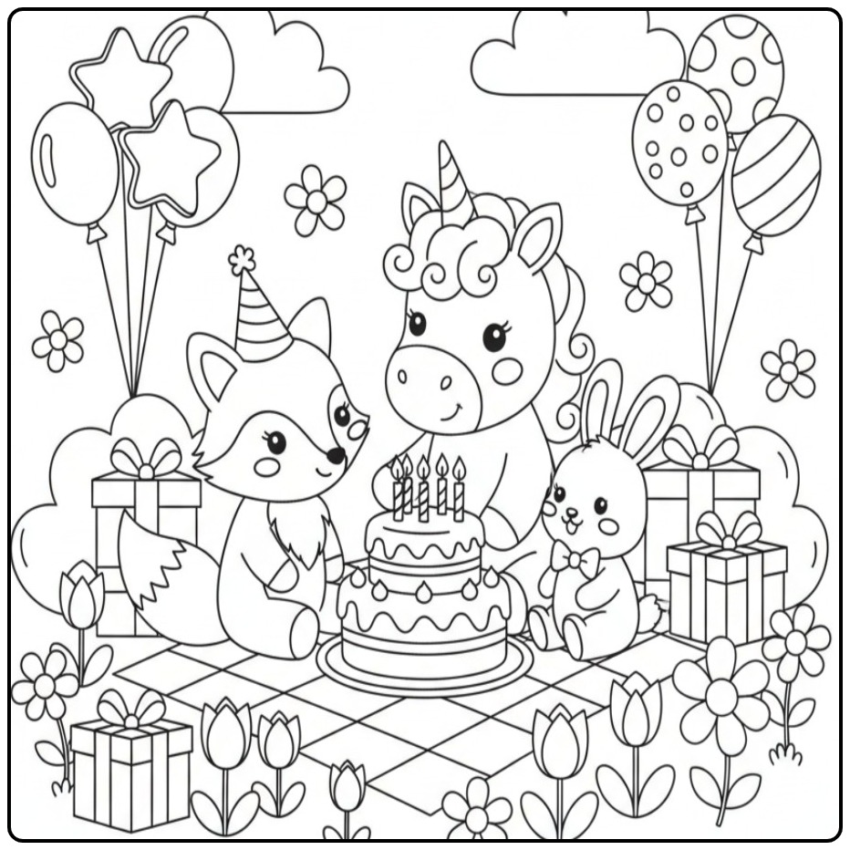Kleurplaat eenhoorn verjaardagsfeest met vrienden en taart.