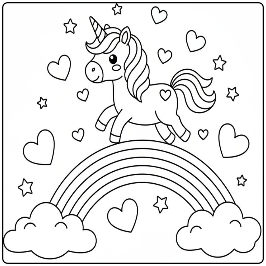 Schattige kleurplaat eenhoornkleurplaat unicorn regenboog hartjes regenboog kasteel.
