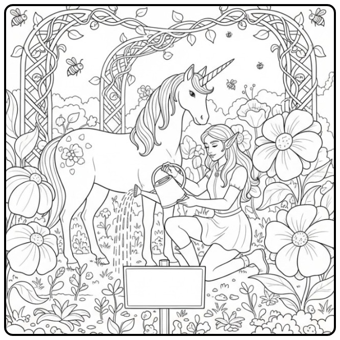 Een magische kleurplaat elfje en eenhoorn in een bloementuin.