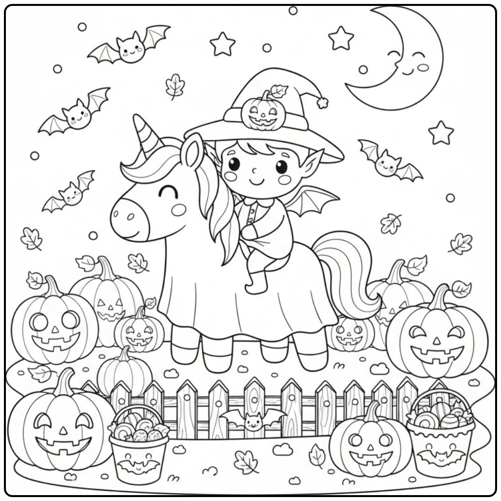 Schattige Kleurplaat elfje en eenhoorn Halloween met pompoenen.