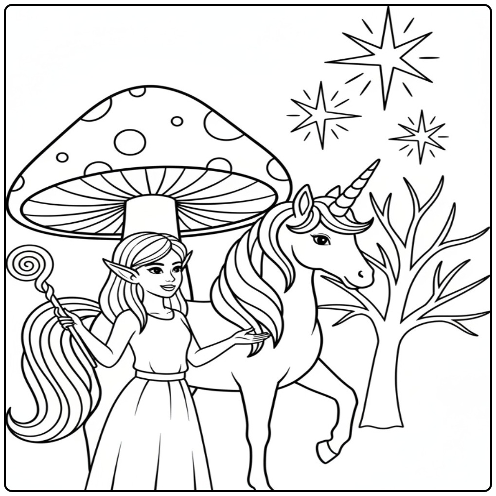 Een magische kleurplaat elfje en eenhoorn bij een paddenstoel.