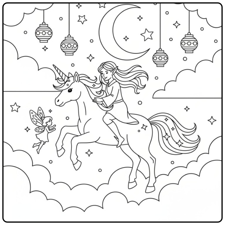 Een magische kleurplaat elfje en eenhoorn in de nachtelijke hemel.