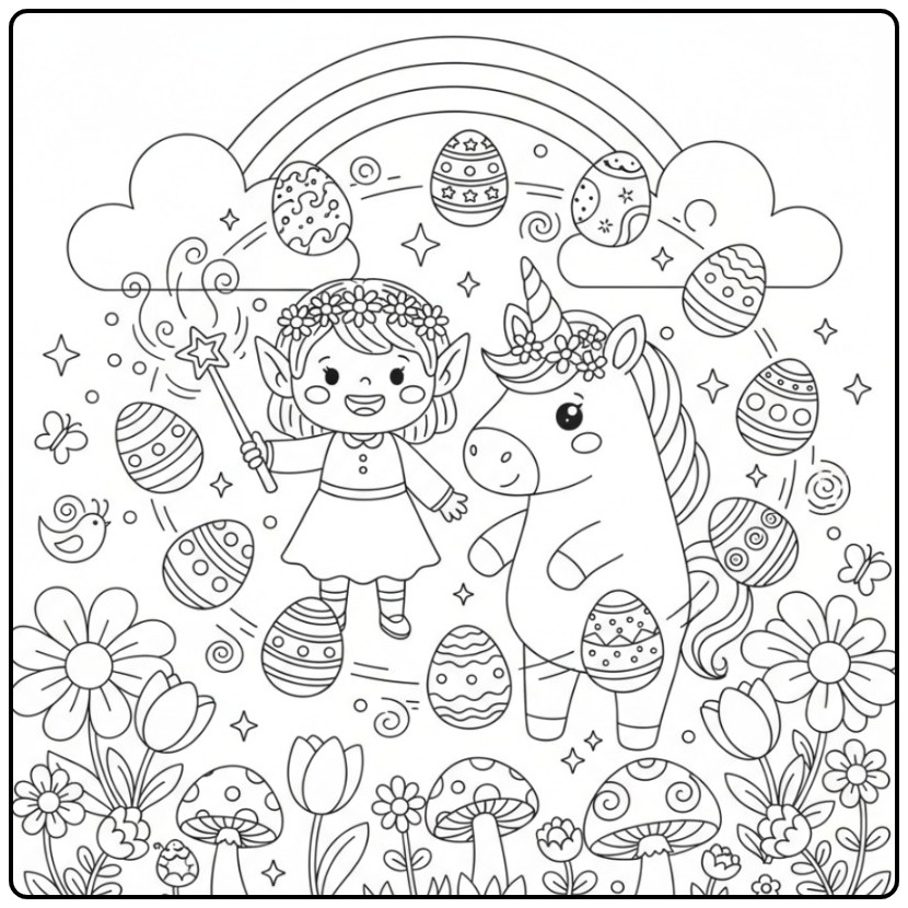 Schattige Kleurplaat elfje en eenhoorn Pasen met paaseieren.