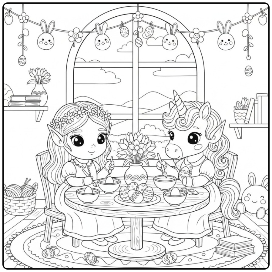 Schattige Kleurplaat elfje en eenhoorn Pasen eieren verven