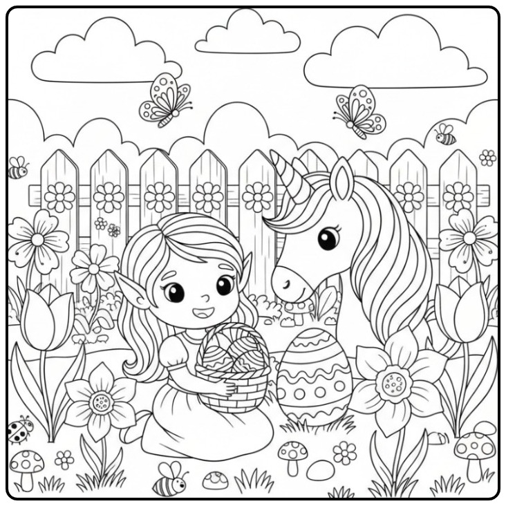 Lieve Kleurplaat elfje en eenhoorn Pasen met een paasei.