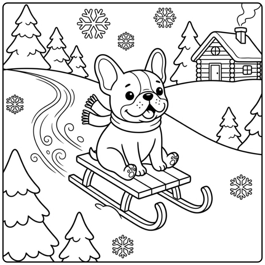 Leuke kleurplaat franse bulldog op een slee in een winterlandschap.