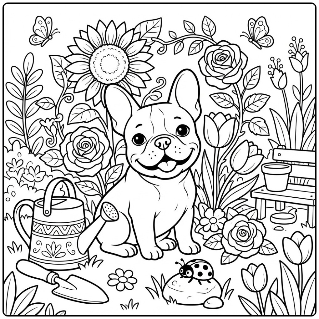 Een schattige kleurplaat franse bulldog in een tuin vol bloemen.
