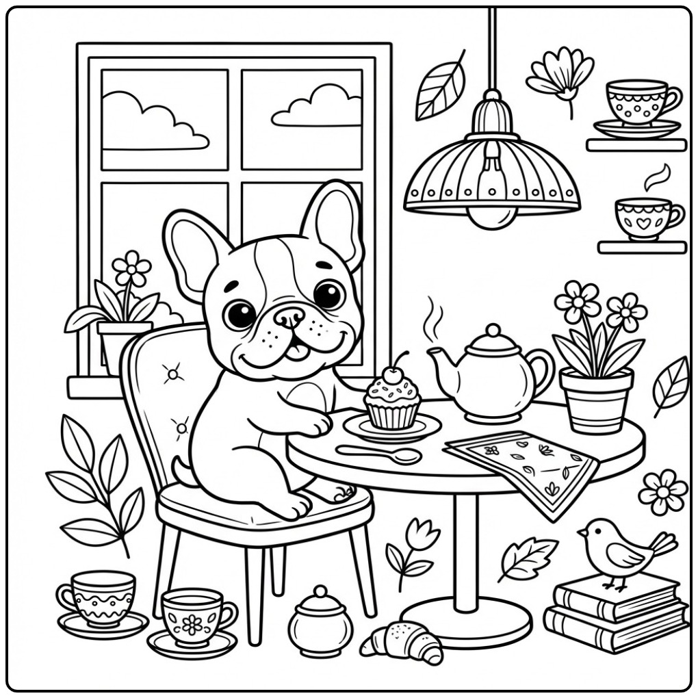 Een schattige kleurplaat franse bulldog aan een cafétafel.