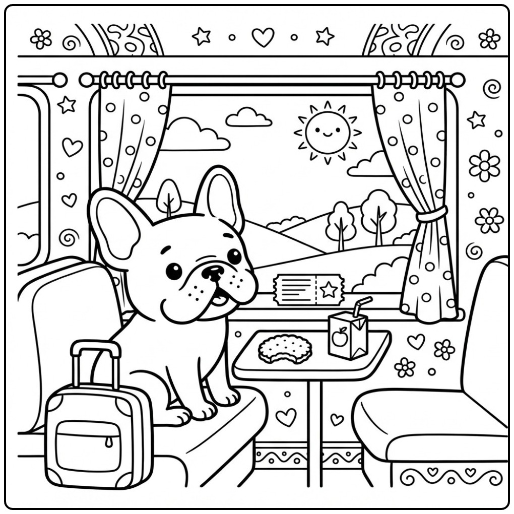 Leuke kleurplaat franse bulldog op reis in de trein.