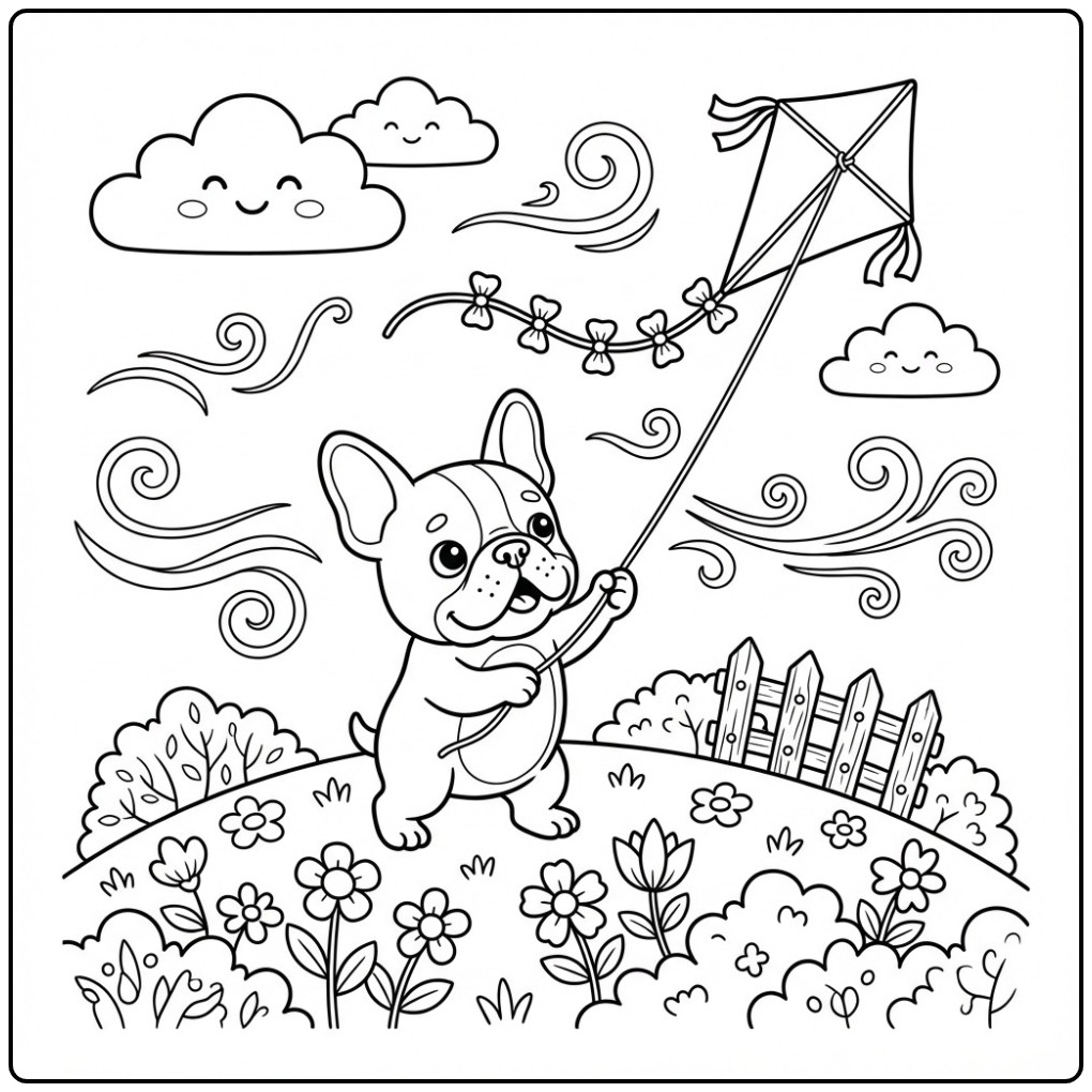 Een schattige kleurplaat franse bulldog die een vlieger oplaat.