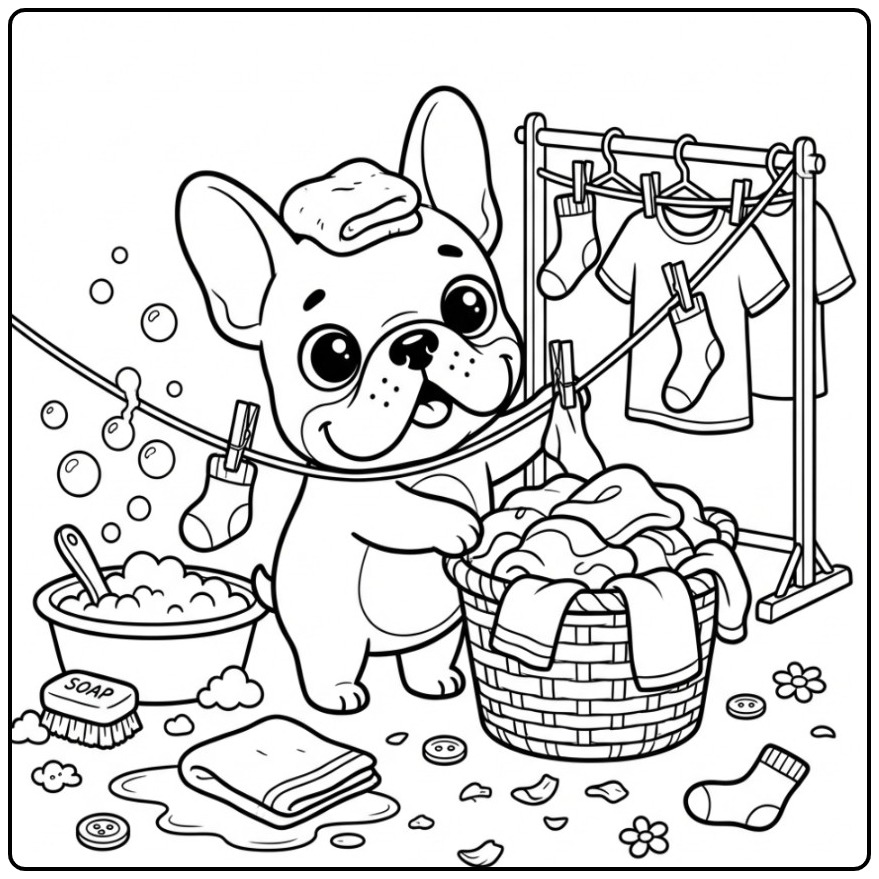 Een schattige kleurplaat franse bulldog die de was doet
