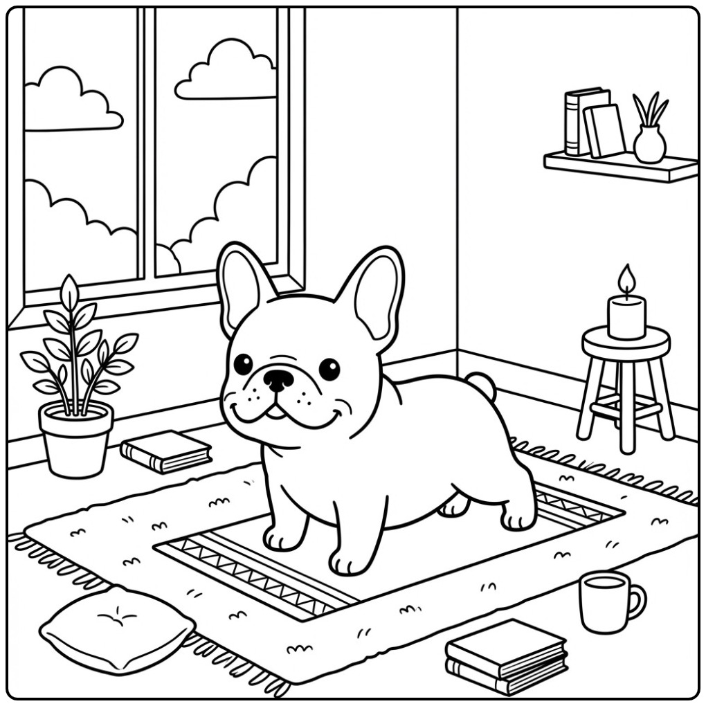 Een leuke kleurplaat franse bulldog in een gezellige kamer.