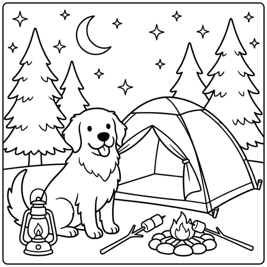 Leuke kleurplaat golden retriever kamperend in het bos