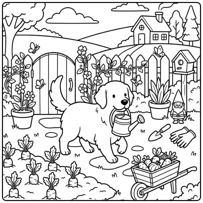 Een leuke kleurplaat golden retriever in een mooie moestuin.