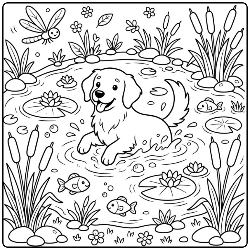 Een schattige kleurplaat golden retriever spetterend in het water.